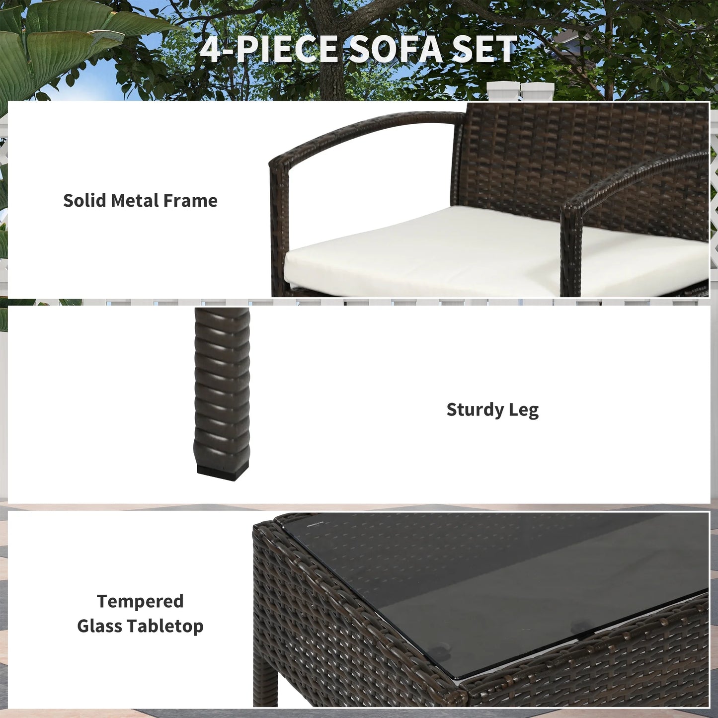 Patio Furniture Set, 4 Piece Indoor Outdoor PE Wicker Conversation Set with Chairs, Loveseat Sofa, Cushions, Glass Table, Brown