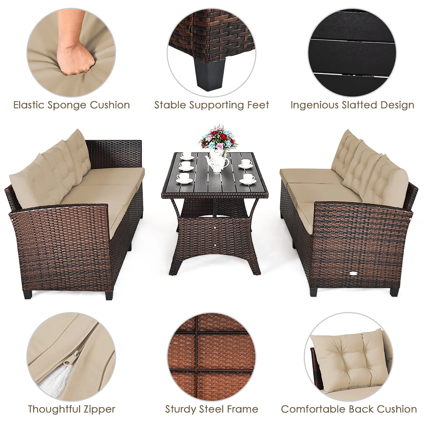 3PCS Rattan Dining Set Patio Furniture 6 Seats Sofa Cushioned
