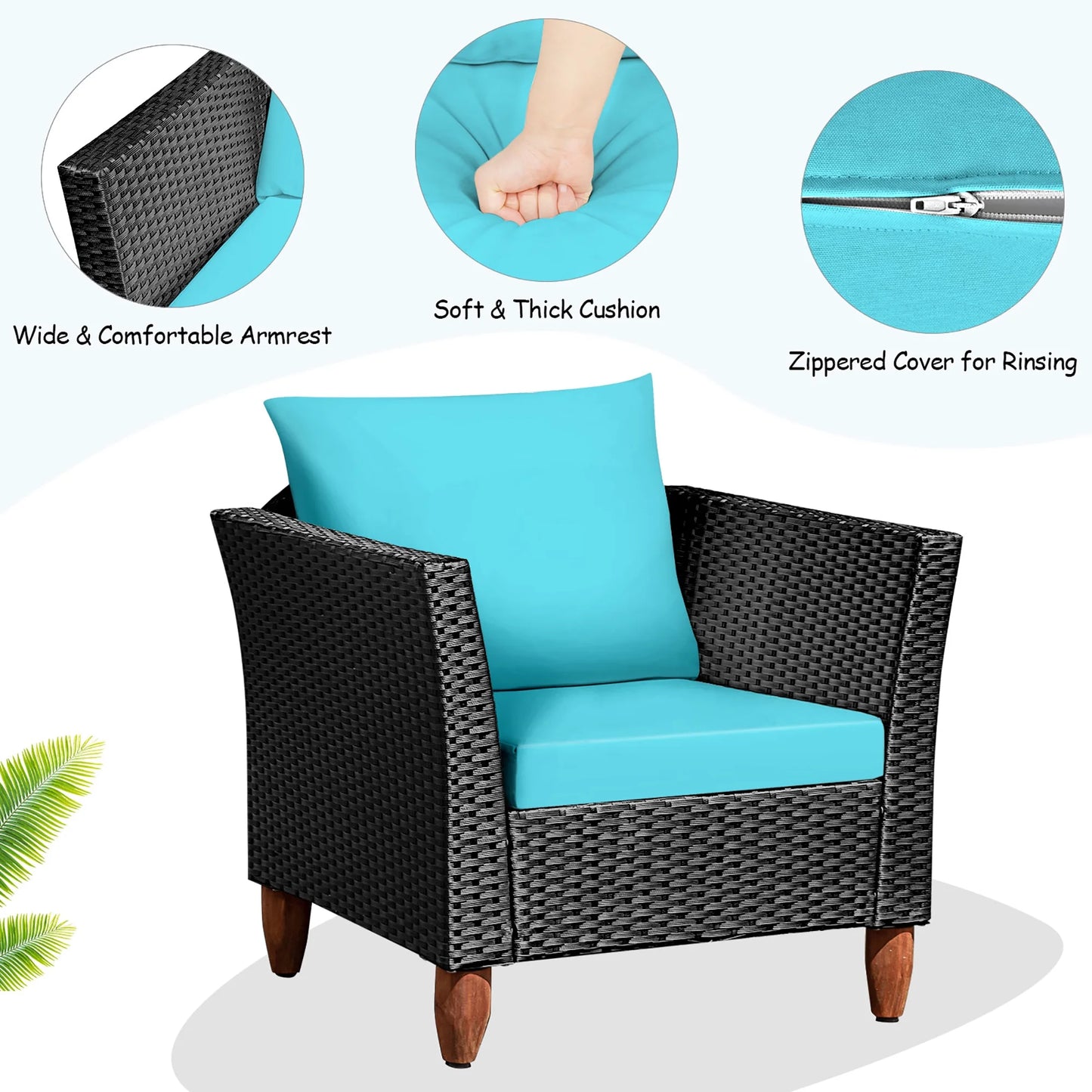 3PCS Outdoor Patio Rattan Furniture Set Wooden Table Cushioned Sofa Turquoise