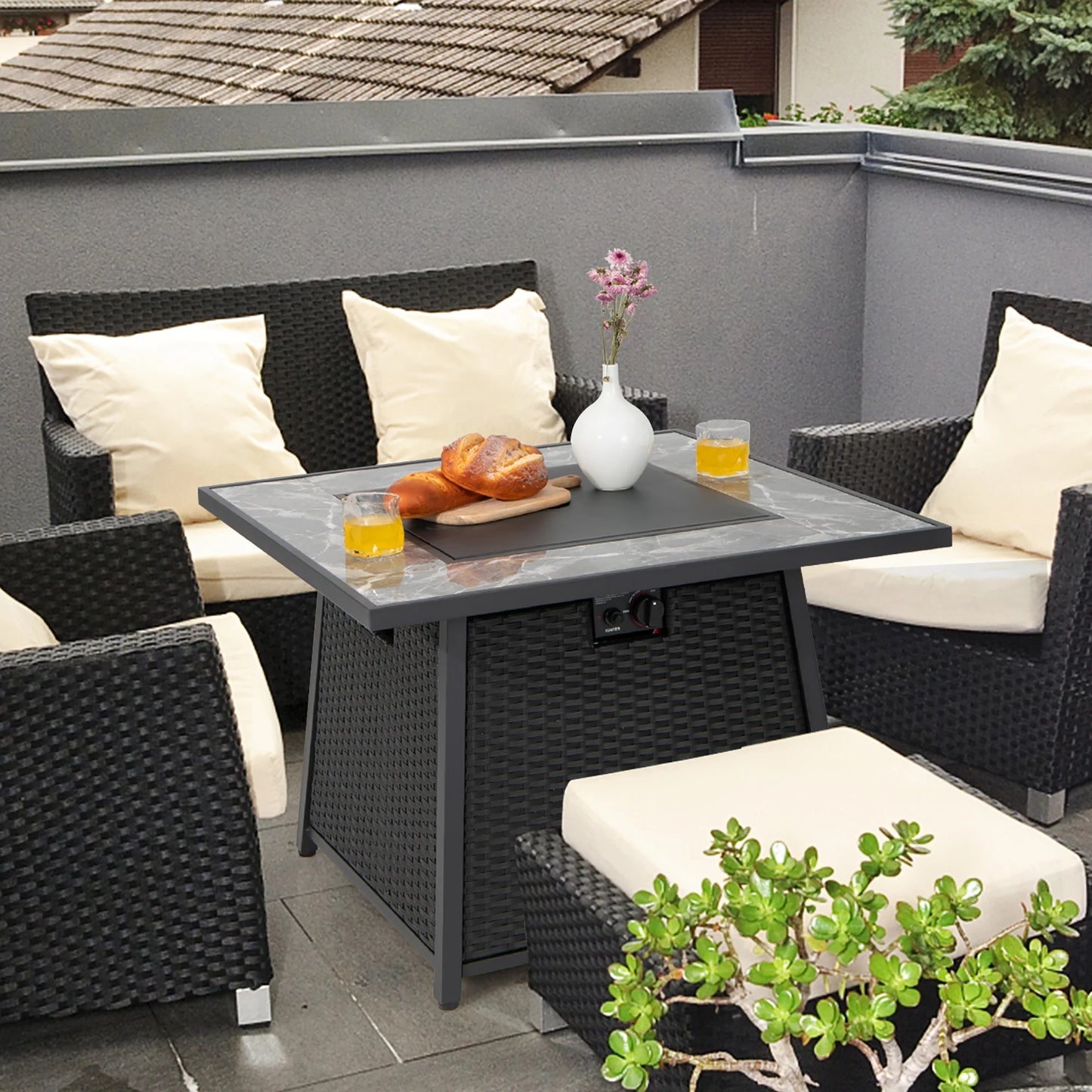 35'' Propane Gas Fire Pit Table Patio PE Wicker Rattan W/ Lava Rocks PVC Cover