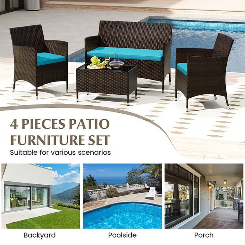 4 Pieces Comfortable Mix Outdoor Rattan Sofa Set with Glass Coffee Table 4 -Piece Rattan Patio Conversation Set with Blue Cushions