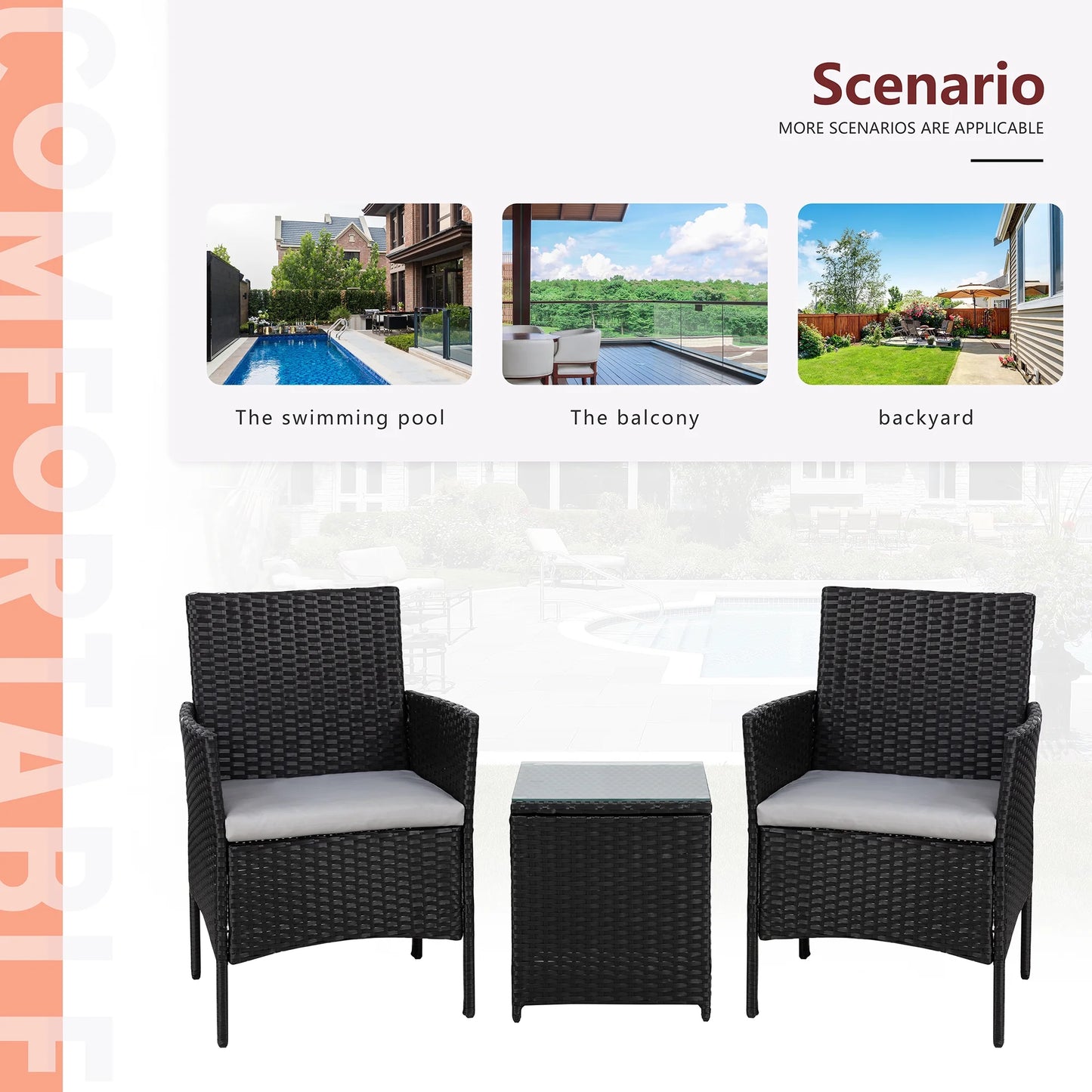 3 Pieces Outdoor Rattan Wicker Patio Furniture Set PE Chairs and Table Set