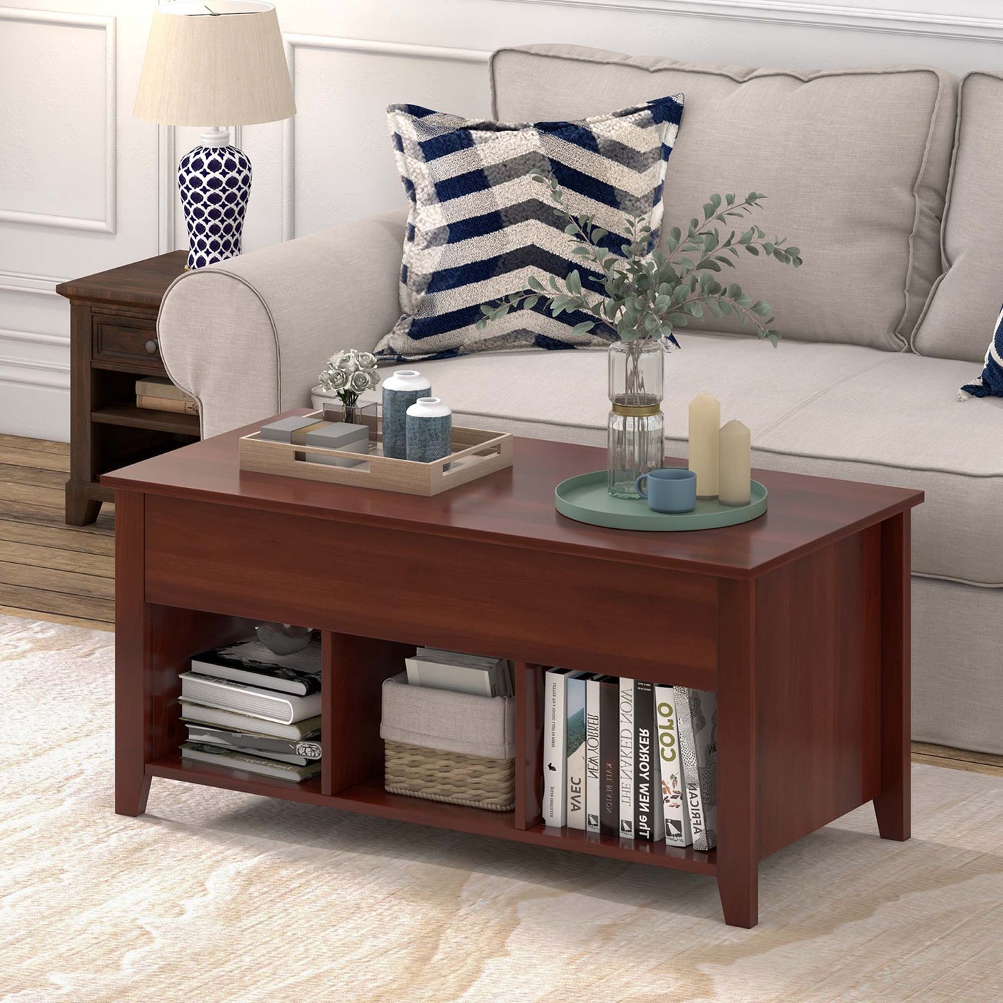 Lift Top Coffee Table W/ Hidden Compartment and Storage Shelves Modern Furniture Brown