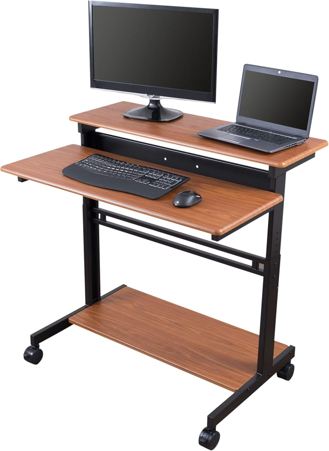 Rolling Adjustable Height Two Tier Standing Desk Computer Workstation (Black Frame/Teak Top, 40" Wide)