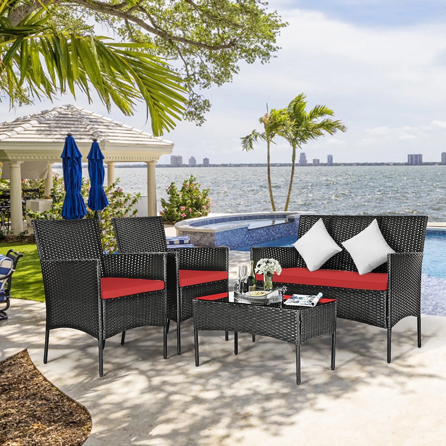 4PCS Patio Rattan Furniture Set Cushioned Sofa Coffee Table Backyard Porch Red