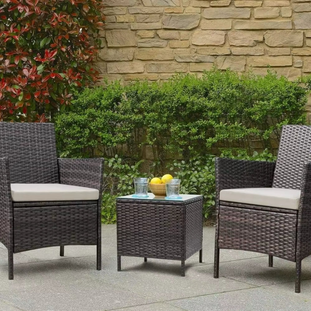 3 Pieces Patio Furniture Sets Outdoor Patio Chairs Set of 2 PE Rattan Wicker Chairs with Table for Garden Porch Lawn Poolside(B