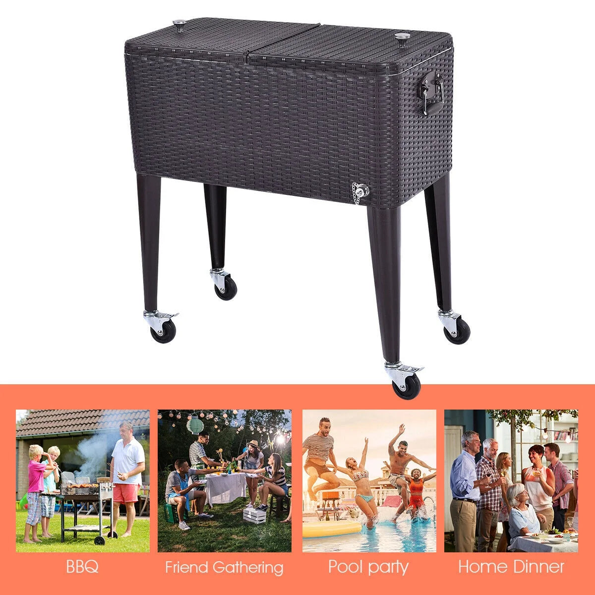 Outdoor Rattan 80QT Party Portable Rolling Cooler Cart Ice Beer Beverage Chest
