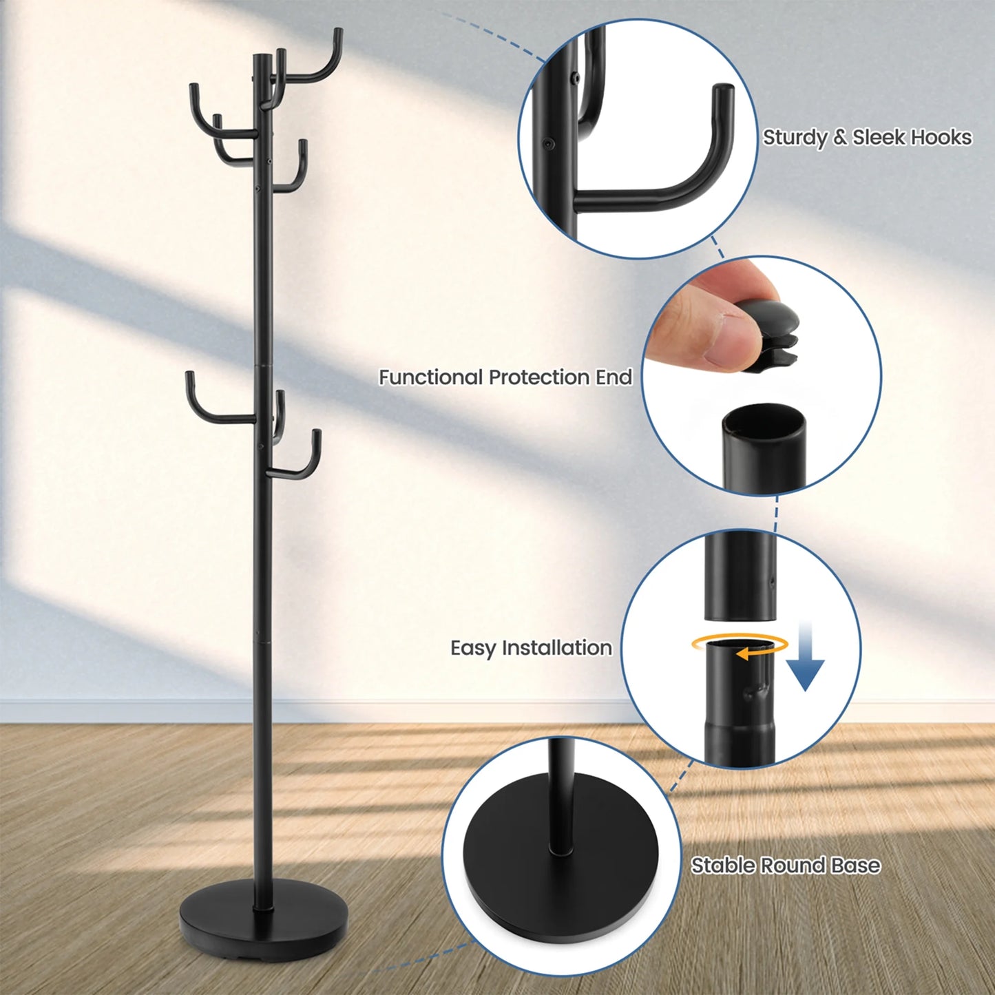 Metal Coat Rack Hat Hanger Hooks Hall Entryway for Jacket Umbrella Tree Stand