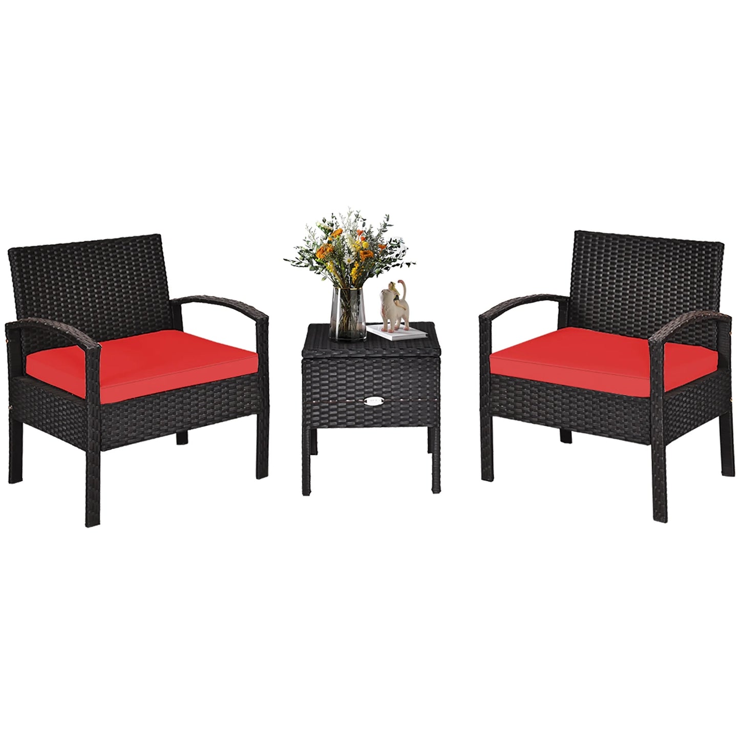 3PCS Patio Rattan Furniture Set Storage Table Cushioned Sofa Deck Red