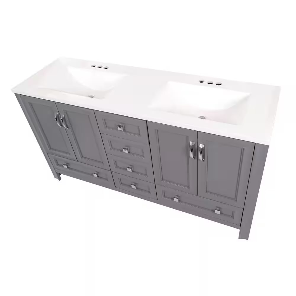 Candlesby 61 In. Double Sink Sterling Gray Bath Vanity with White Cultured Marble Top (Assembled)