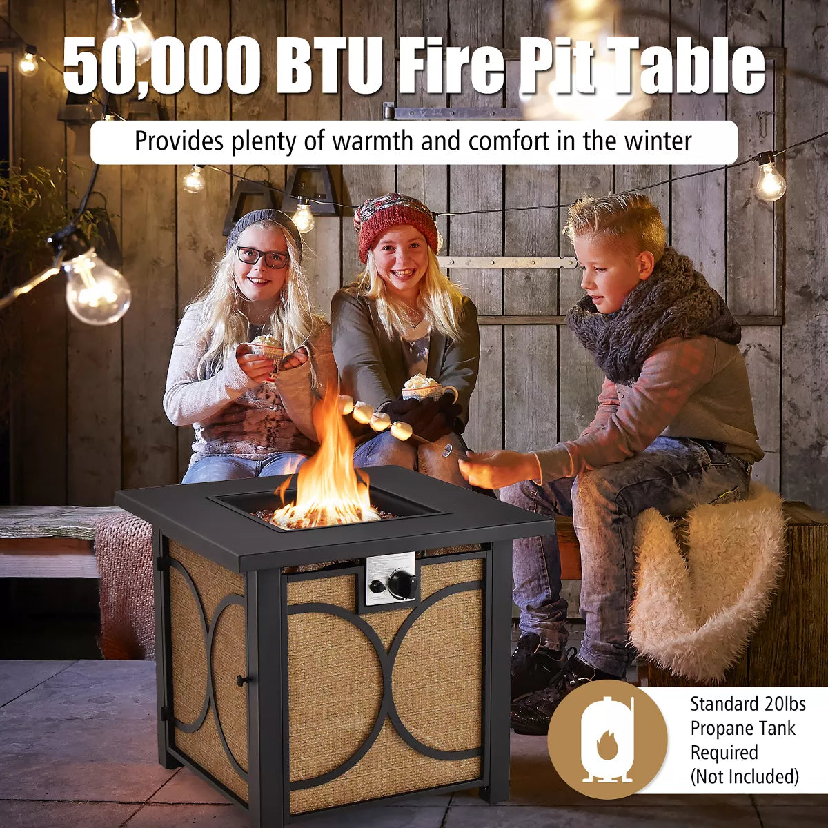 Costway 28 Inch Square Propane Gas Fire Pit Table with Fire Glasses &Rain Cover 50,000 BTU