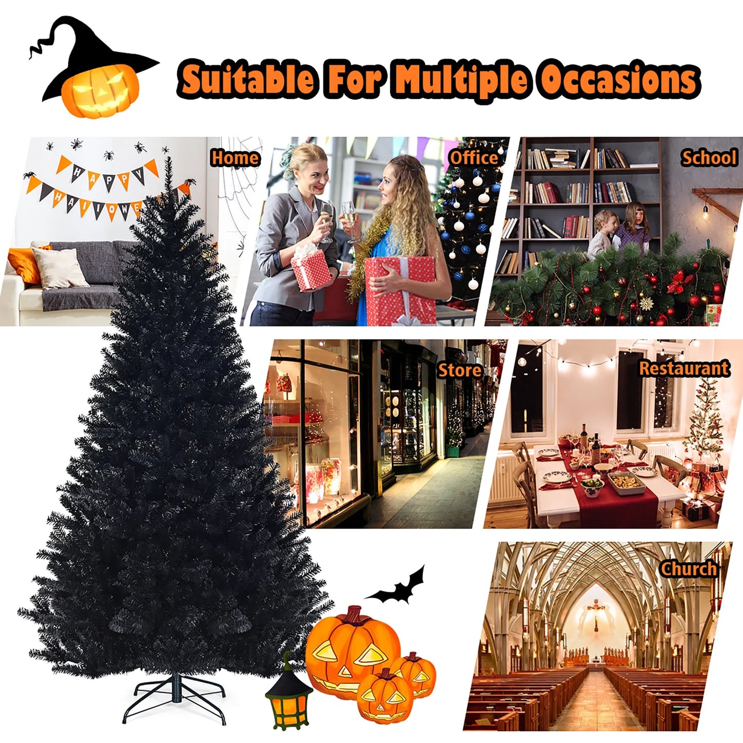 7.5Ft Hinged Artificial Christmas Tree Full Tree W/ Metal Stand Black