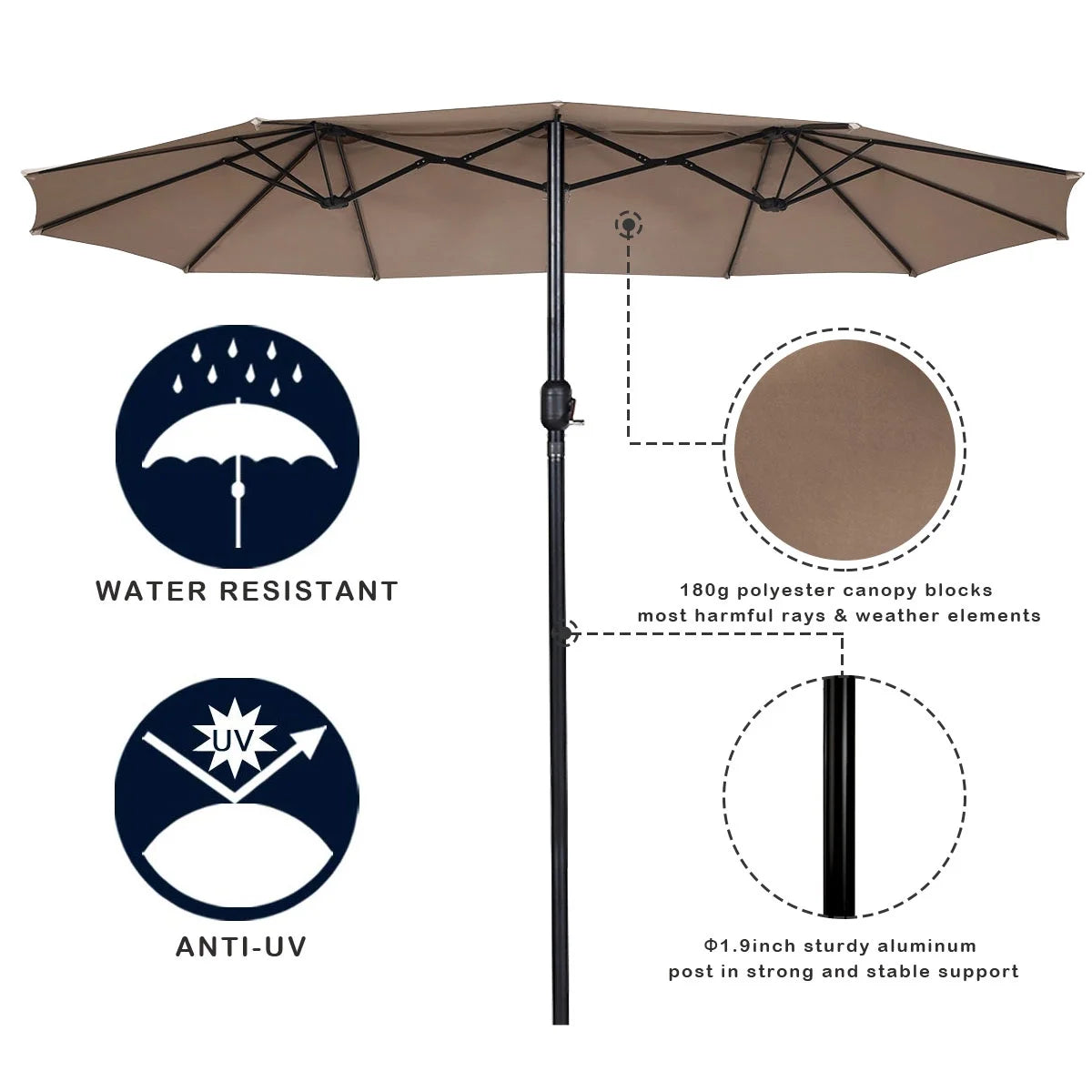 15' Market Outdoor Umbrella Double-Sided Twin Patio Umbrella with Crank Tan