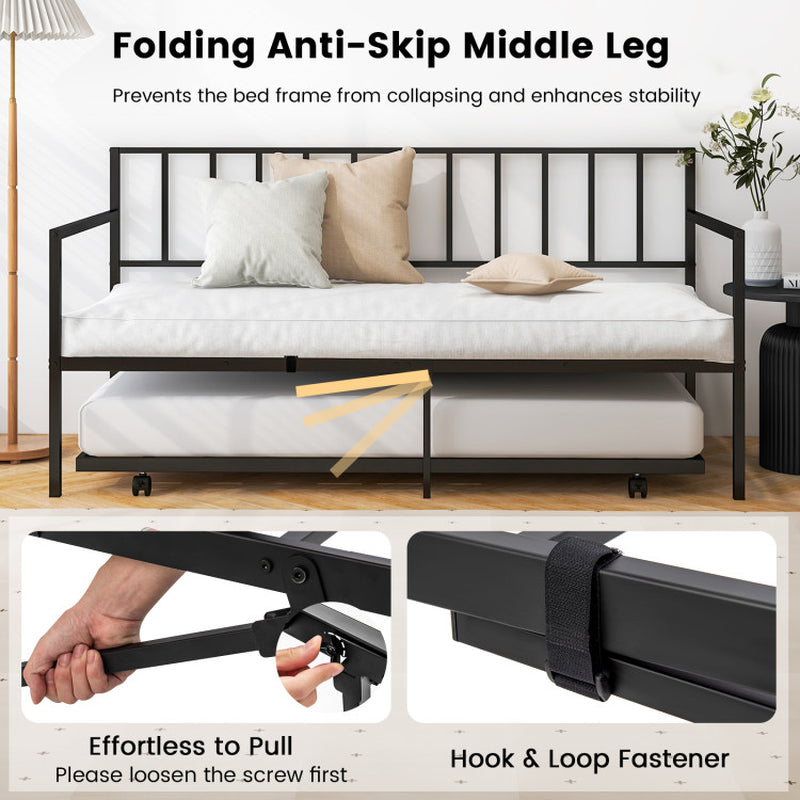 Twin Daybed Set with Metal Slat Support and Roll-Out Trundle
