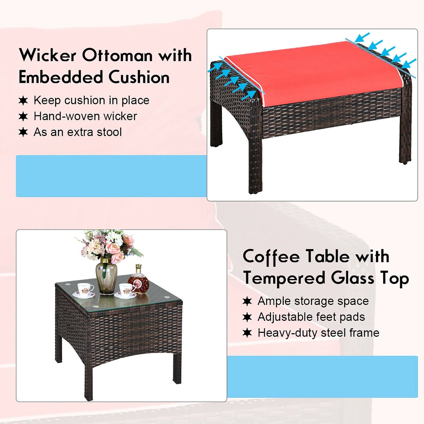 5 PCS Patio Rattan Furniture Set Sofa Ottoman Table Cushioned Yard Red