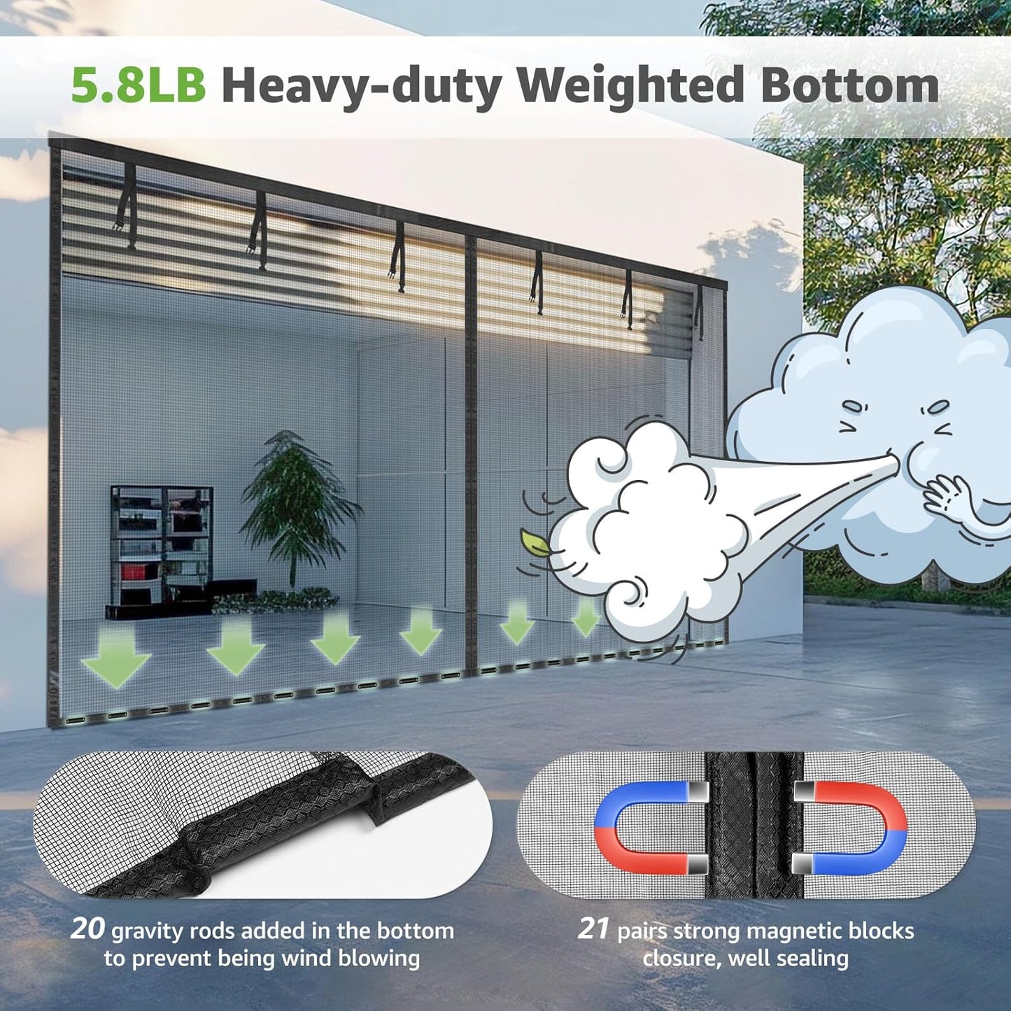 Garage Door Screen, 16X7 Ft Magnetic Closure Heavy Duty Weighted Bottom Garage Screen Doors for 2 Car Garage, Fiberglass Mesh anti Annoying Animal Out