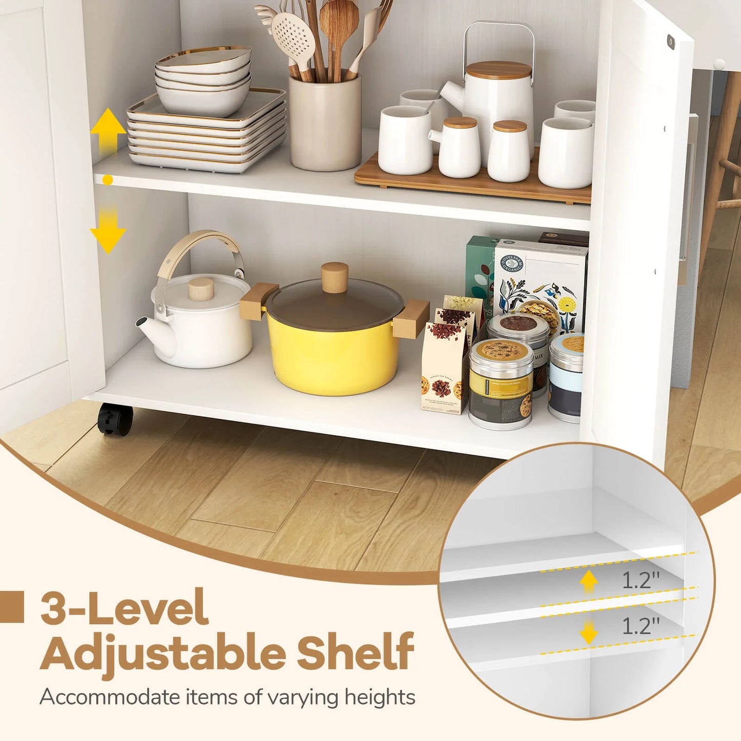 Rolling Kitchen Island Cart Storage Cabinet W/ Towel & Spice Rack White