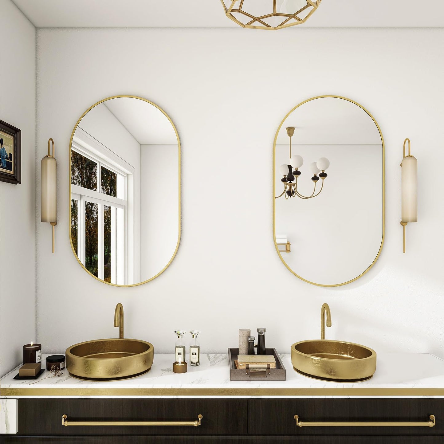 Wall Mounted Mirror, 17"X30" Oval Bathroom Mirror with Metal Frame, Vertical & Horizontal Hang, Ideal for Bedroom, Entryway, Living Room, Gold