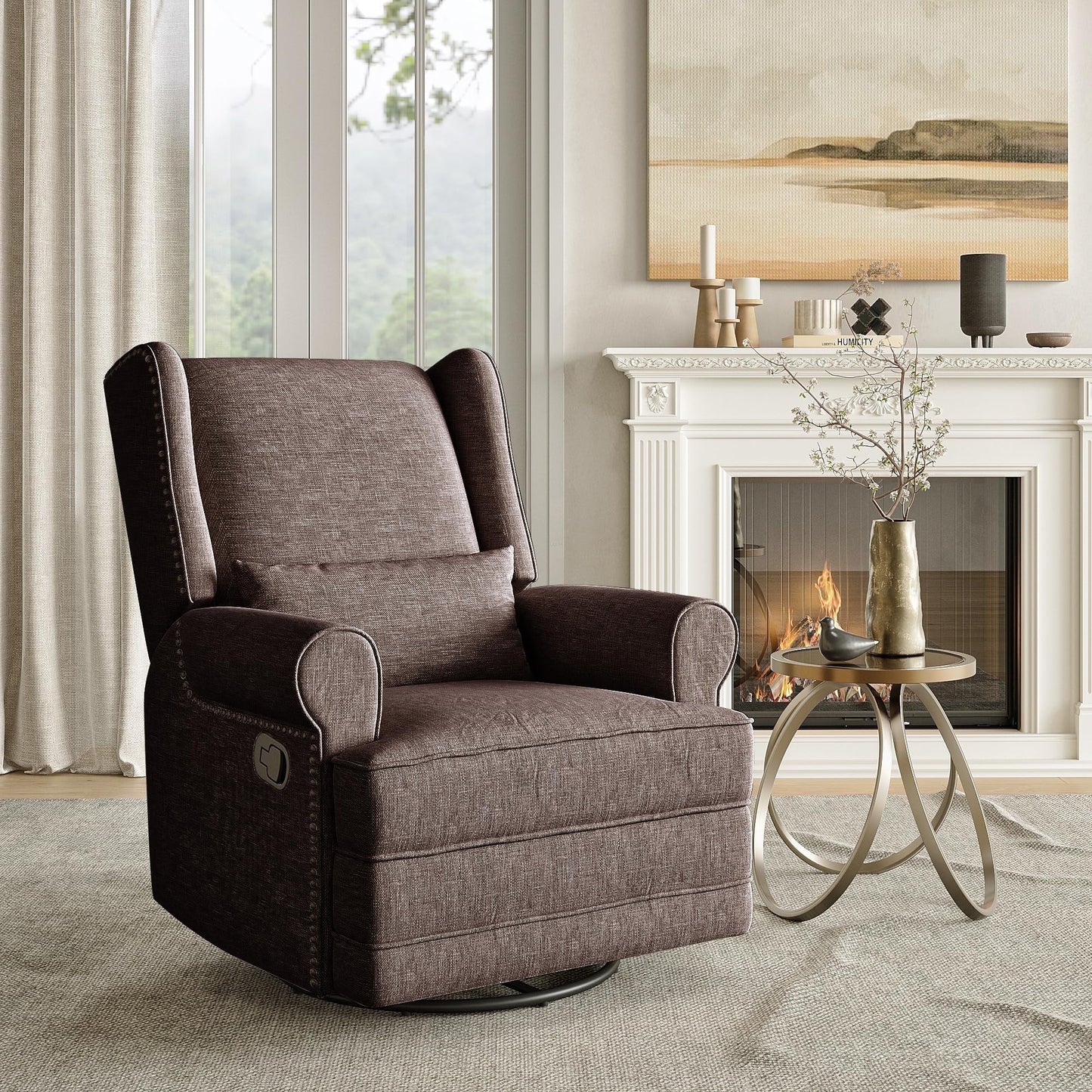Swivel Nursery Glider Recliner, Comfy Upholstered Glider Chair with Lumbar Pillow and Footrest, Swivel Rocking Chair for Living Room, Grey