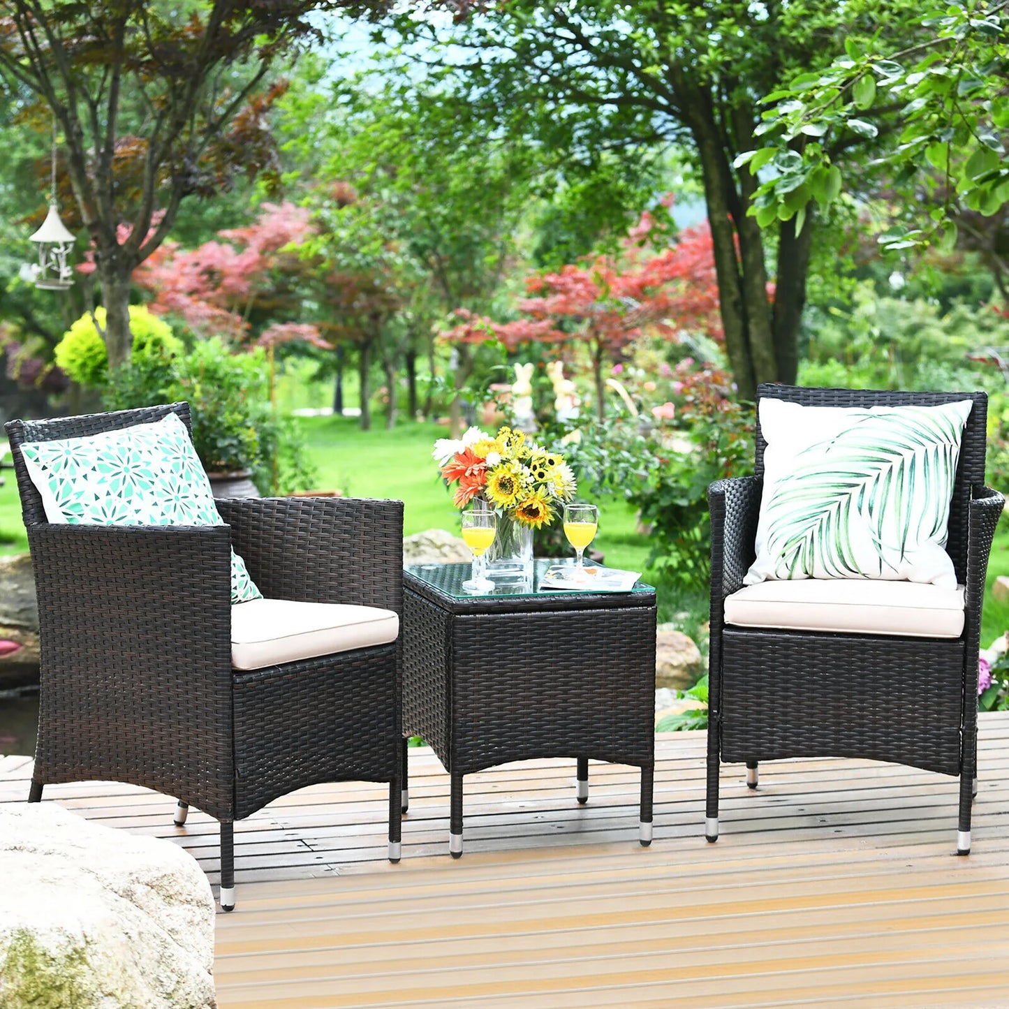 Outdoor 3 PCS PE Rattan Wicker Furniture Sets Chairs Coffee Table Garden Red