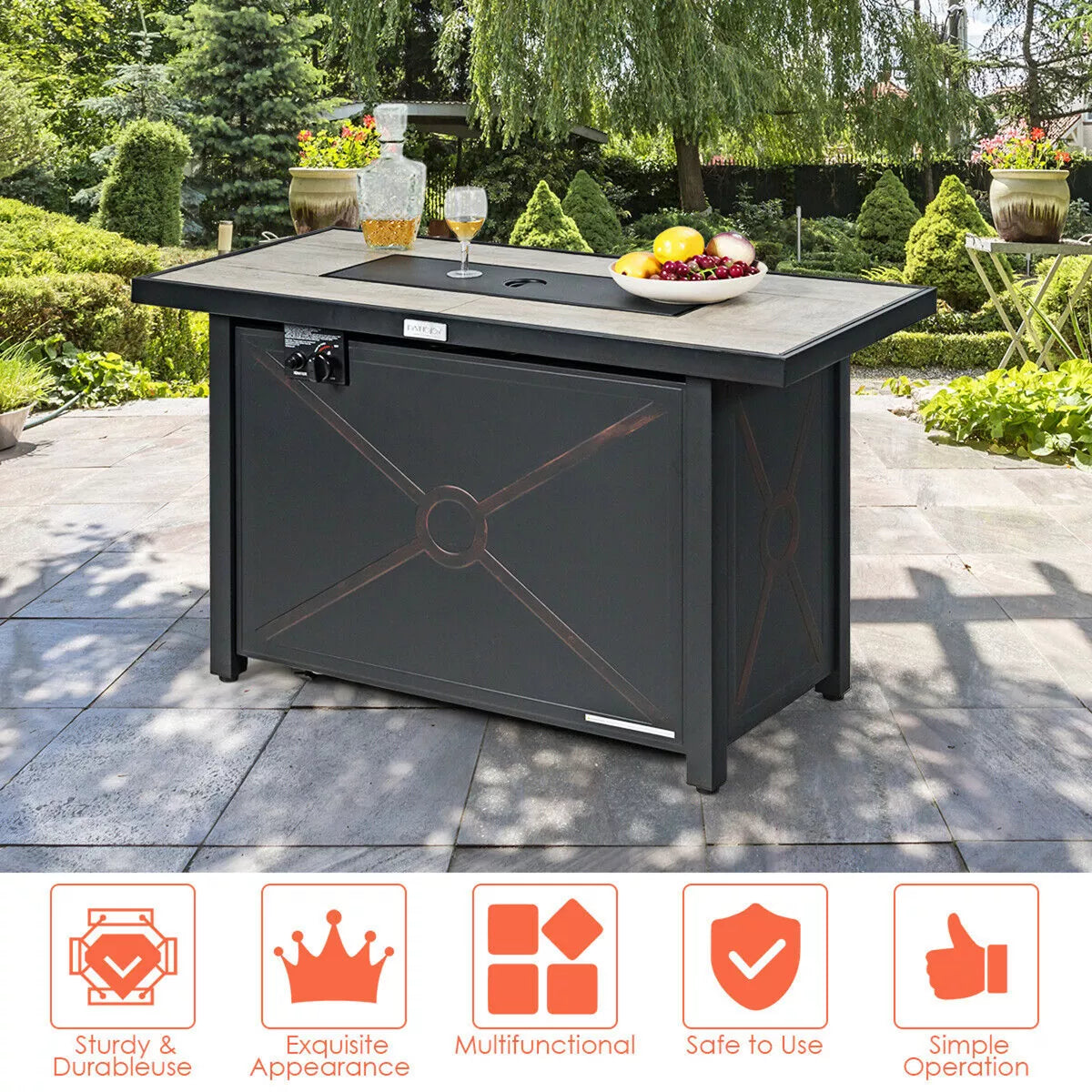 Costway 60,000 BTU 42'' Rectangular Propane Gas Fire Pit Heater Outdoor Table W/ Cover