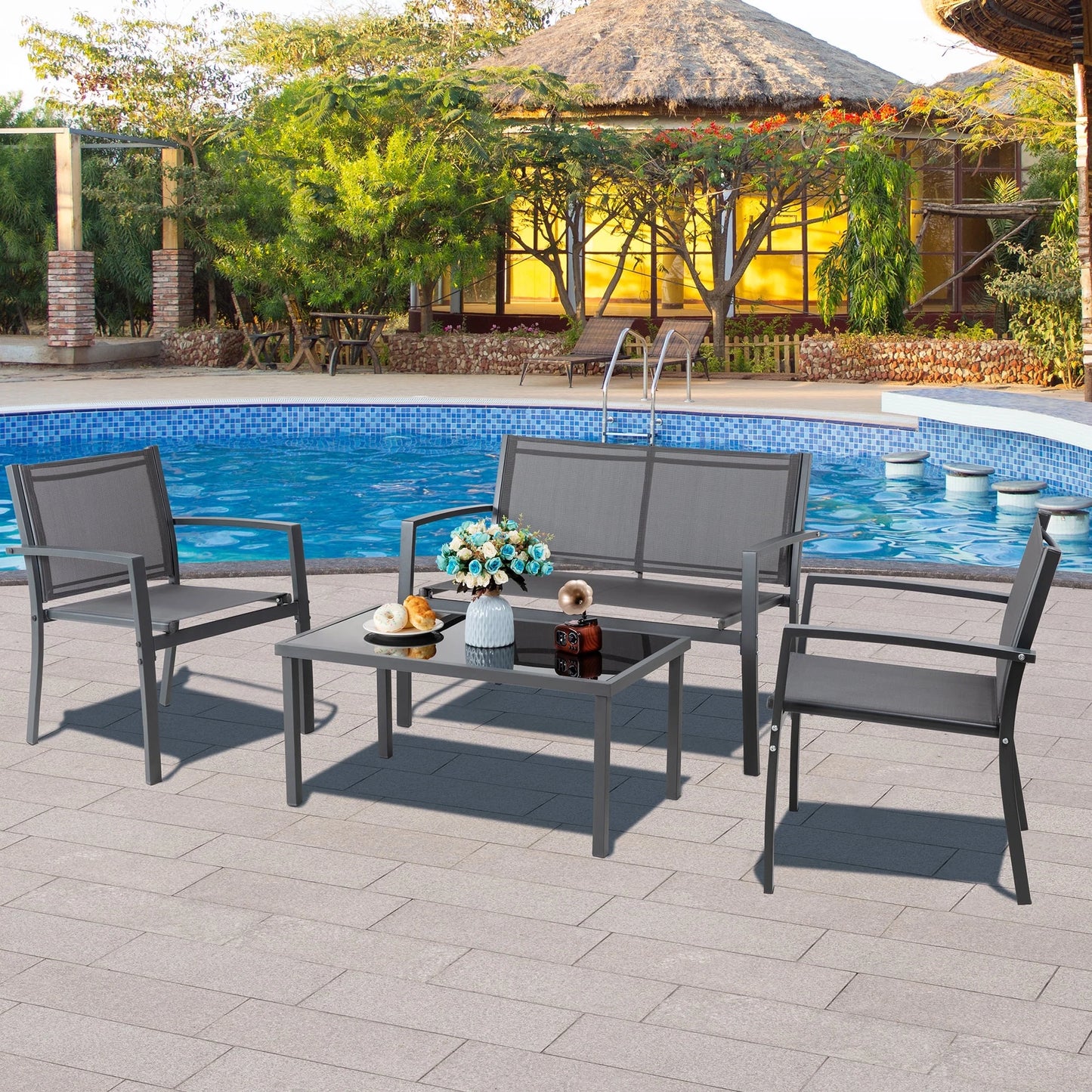 4 Pieces Outdoor Furniture Set All Weather Patio Textilene Steel Conversation Set, Patio Furniture Set Bistro Set with Loveseat Ea Table for Lawn and Balcony, Gray