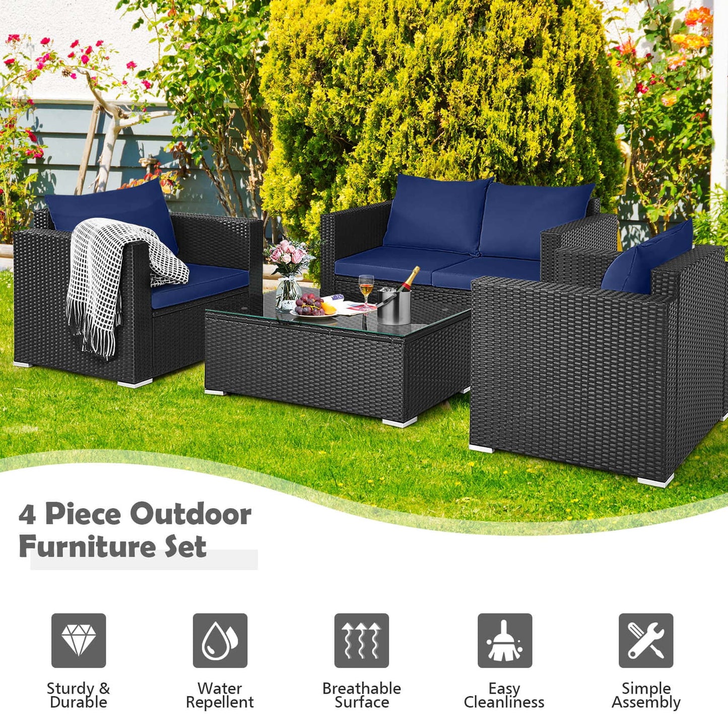 4 PCS Patio Rattan Furniture Set Cushioned Sofa Chair Coffee Table Blue