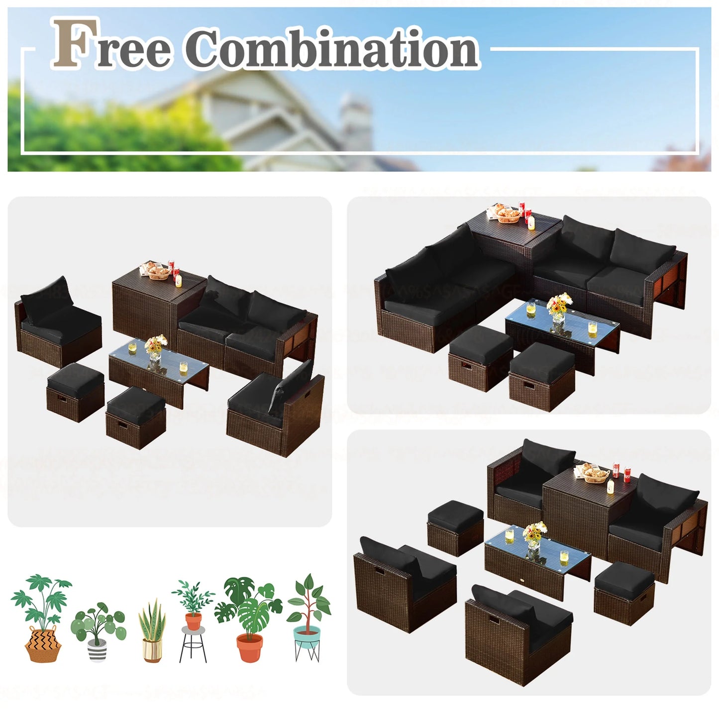 8-Piece Rattan Outdoor Patio Dining Set, Black