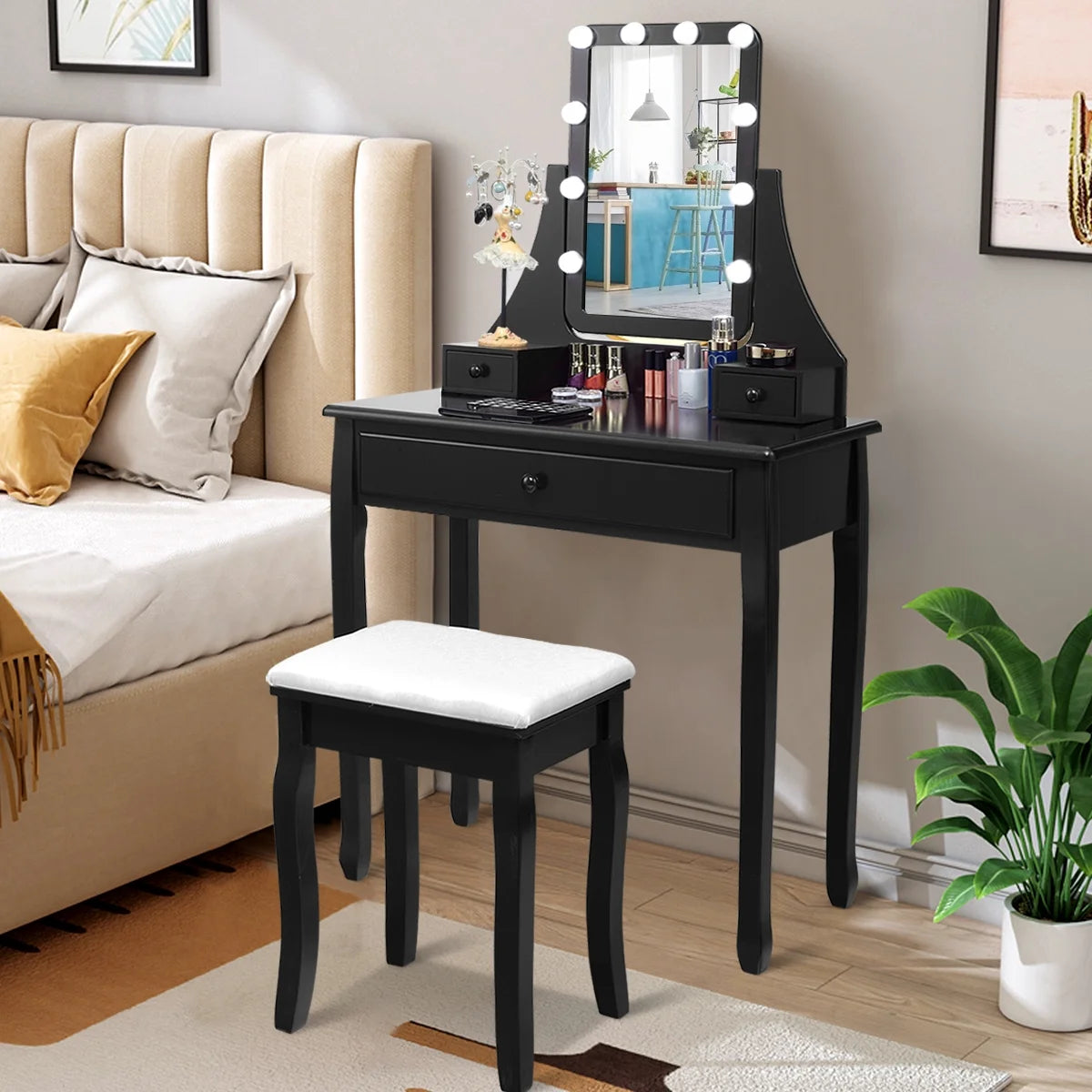 Vanity Table 10 Dimmable Bulbs Makeup Dressing Desk White
