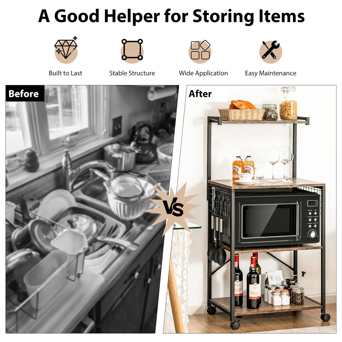 4-Tier Rolling Bakers Rack Industrial Utility Microwave Oven Stand Cart W/ Hooks