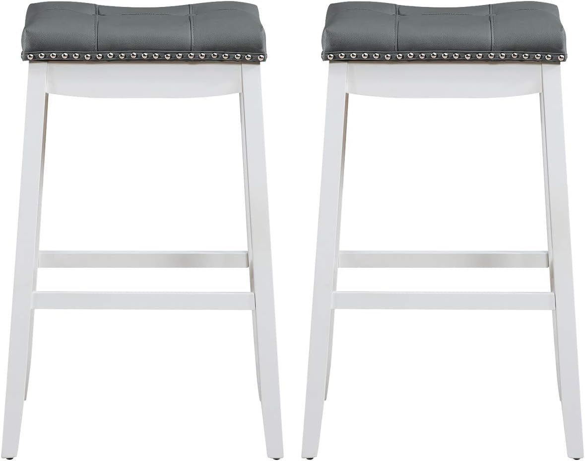 Bar Stools Set of 2, 29-Inch Height Backless Counter Stool with Footrest, Soft Seat Cushion, Wood Legs and Non-Slip Foot Pad, Saddle Stools for Home Kitchen Living Room, Stone Gray+White