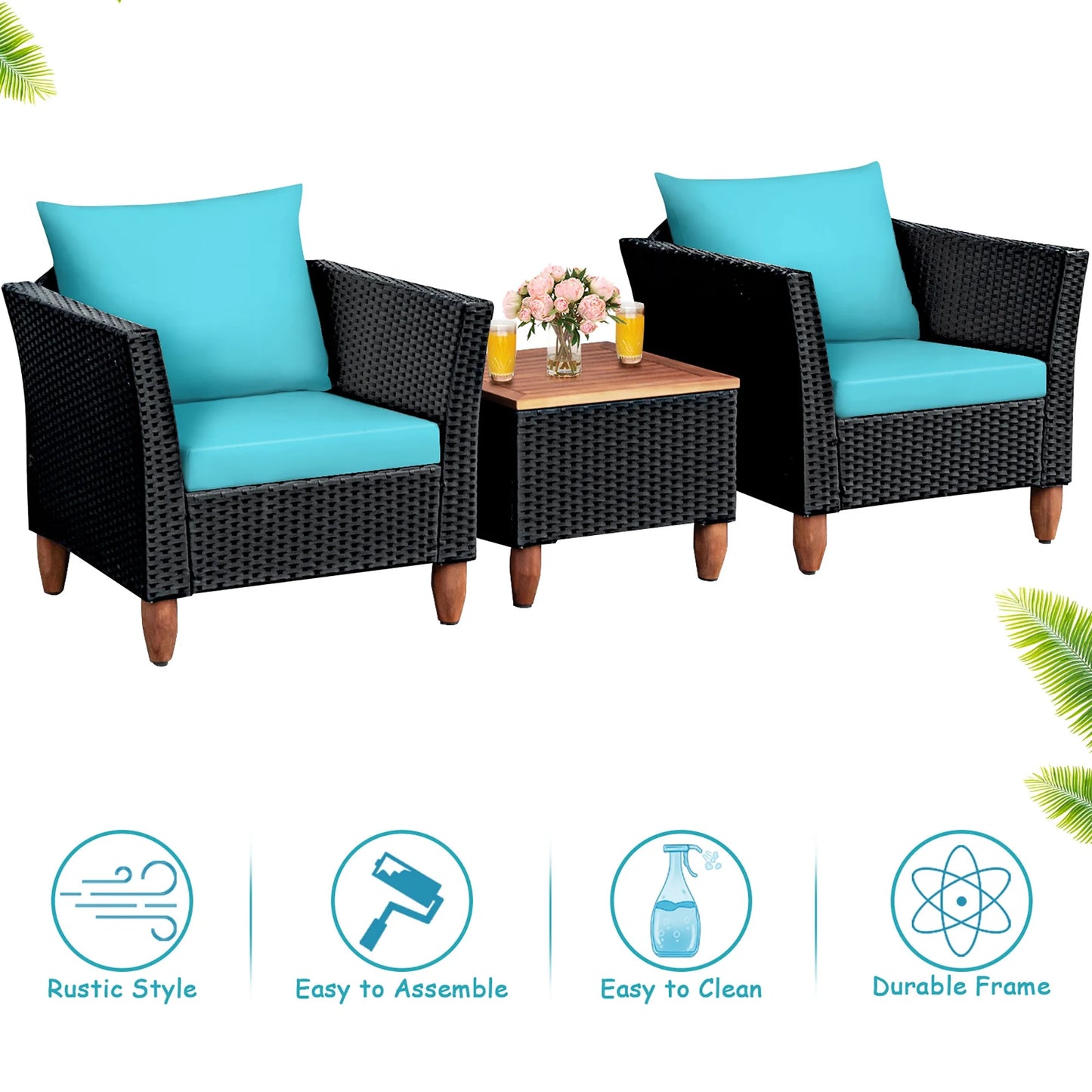 3PCS Outdoor Patio Rattan Furniture Set Wooden Table Cushioned Sofa Turquoise