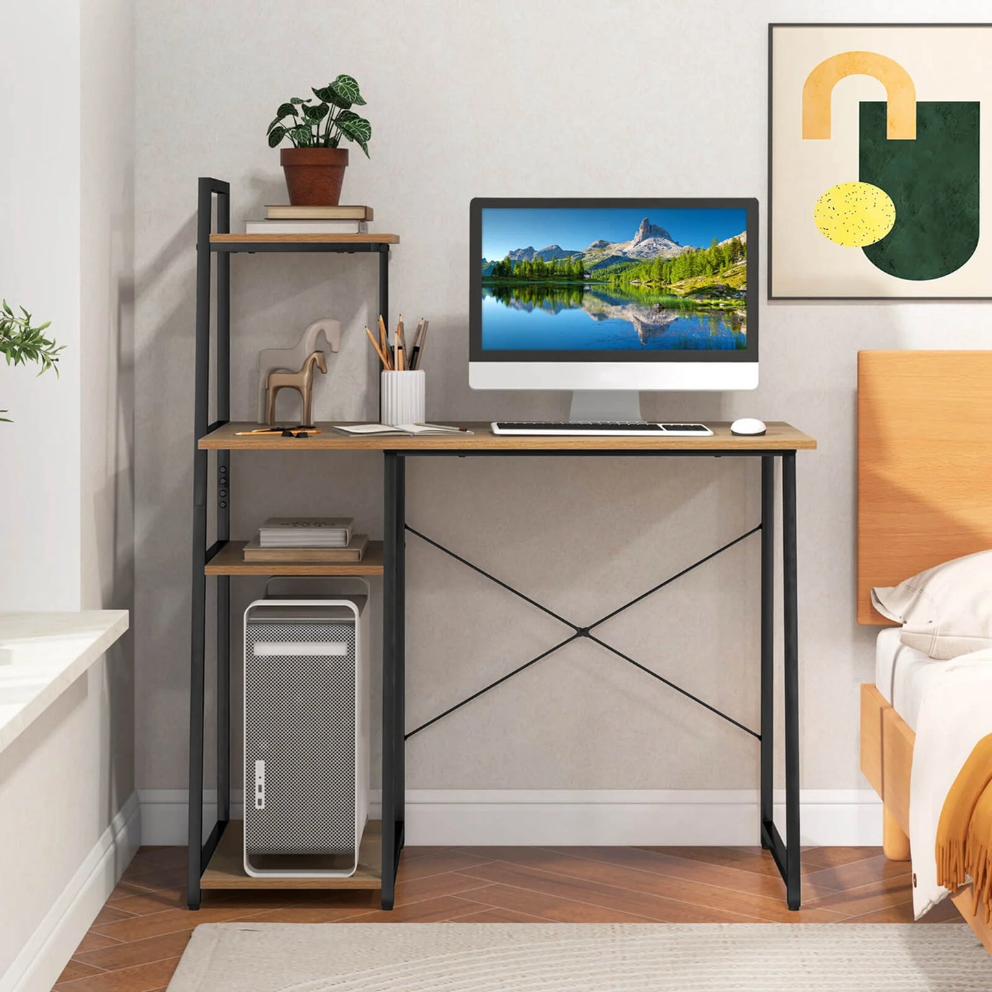 Home Office Desk with Bookshelf Host Stand Metal Frame Study Writing Desk