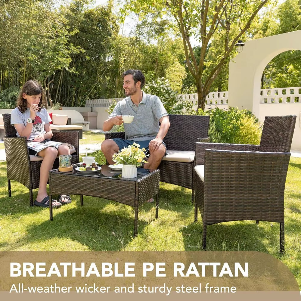4 Pieces Outdoor Patio Furniture Set, PE Rattan Wicker Chairs Balcony Lawn Porch Patio Furniture Sets with Beige Cushion and Ta