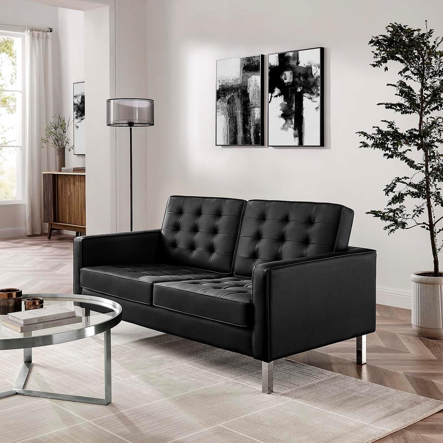 Loft Tufted Button Faux Leather Upholstered Loveseat in Silver Black