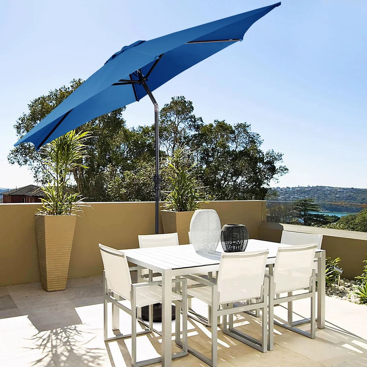 9Ft Patio Umbrella Patio Market Steel Tilt W/ Crank Outdoor Yard Garden (Tan)