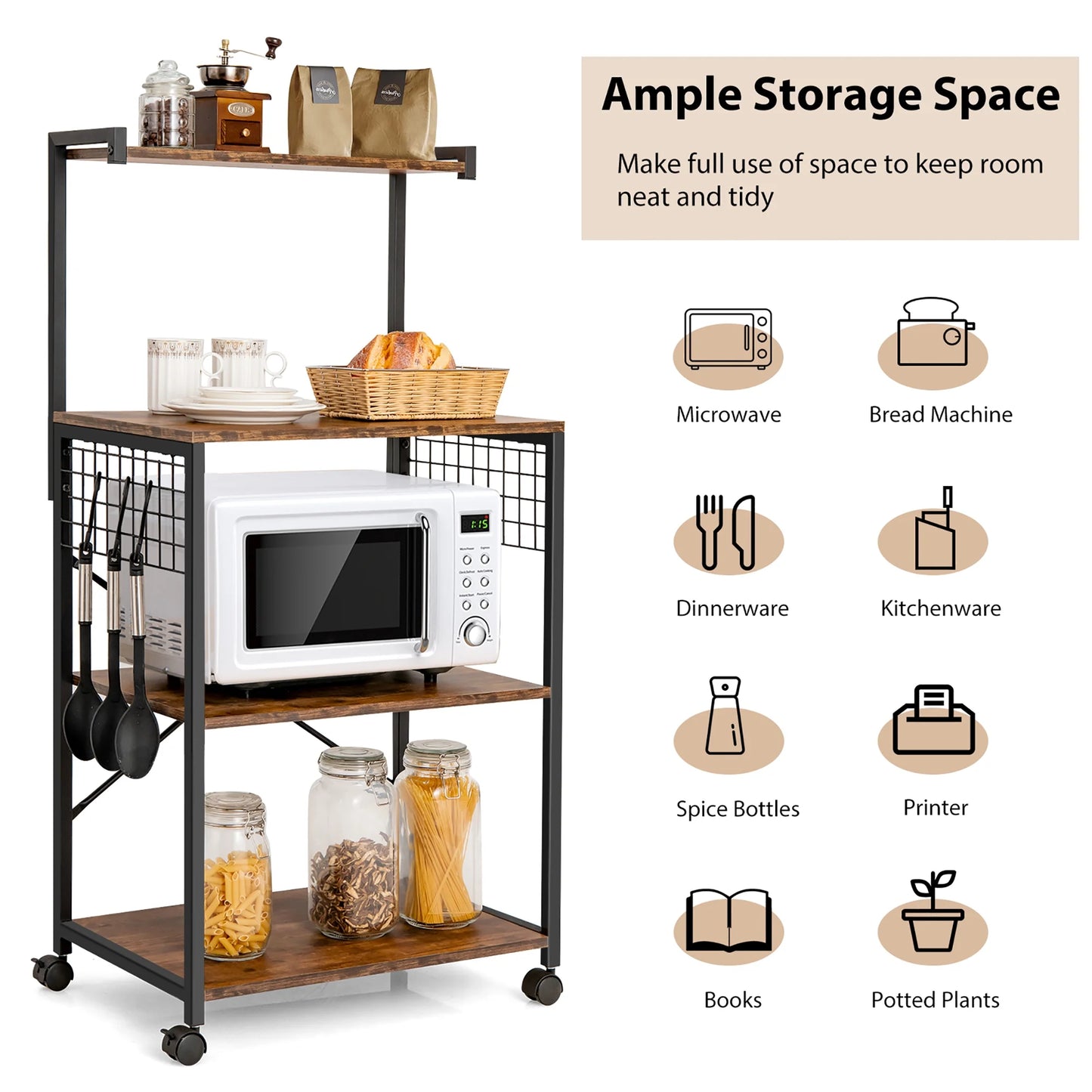 4-Tier Rolling Bakers Rack Industrial Utility Microwave Oven Stand Cart W/ Hooks