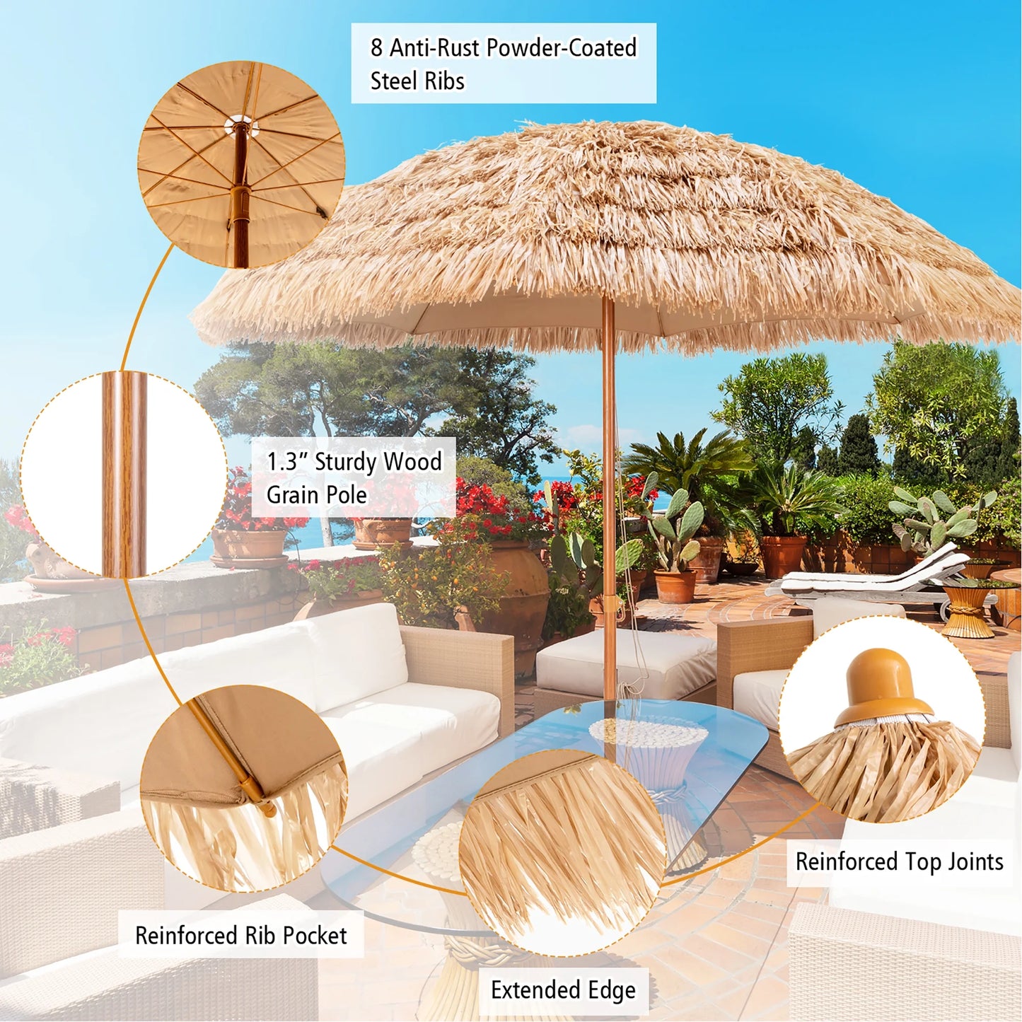 8 FT Patio Thatched Tiki Umbrella 8 Ribs Portable Hawaiian Hula Beach