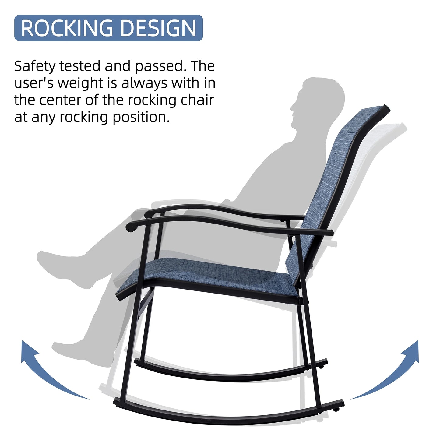 3 Pieces Rocking Bistro Patio Furniture Rocker Set with 2 Outdoor Rocking Chairs and 1 Glass Coffee Table for Porch Deck Lawn,Deep Blue