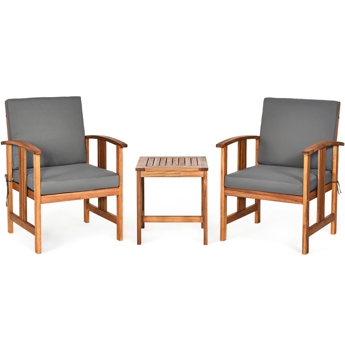 3PCS Solid Wood Patio Furniture Set Table&Chairs Grey Cushion