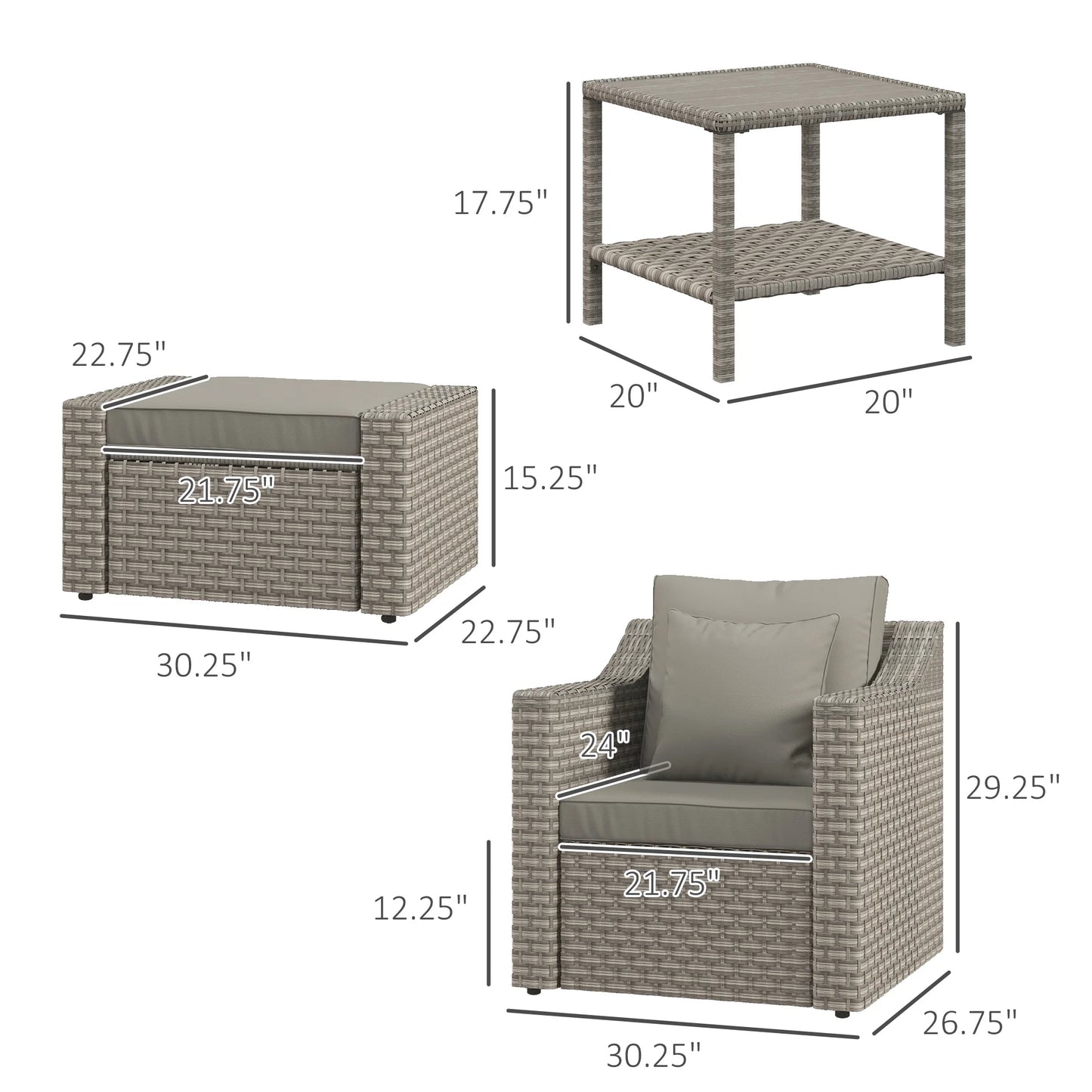 5-Piece PE Rattan Outdoor Patio Dining Set with Ottoman and Coffee Table, Gray