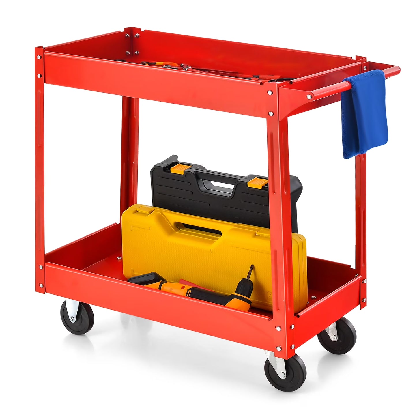 2-Tier Utility Cart Metal Service Cart Rolling Tool Storage Organizer with Handle Red