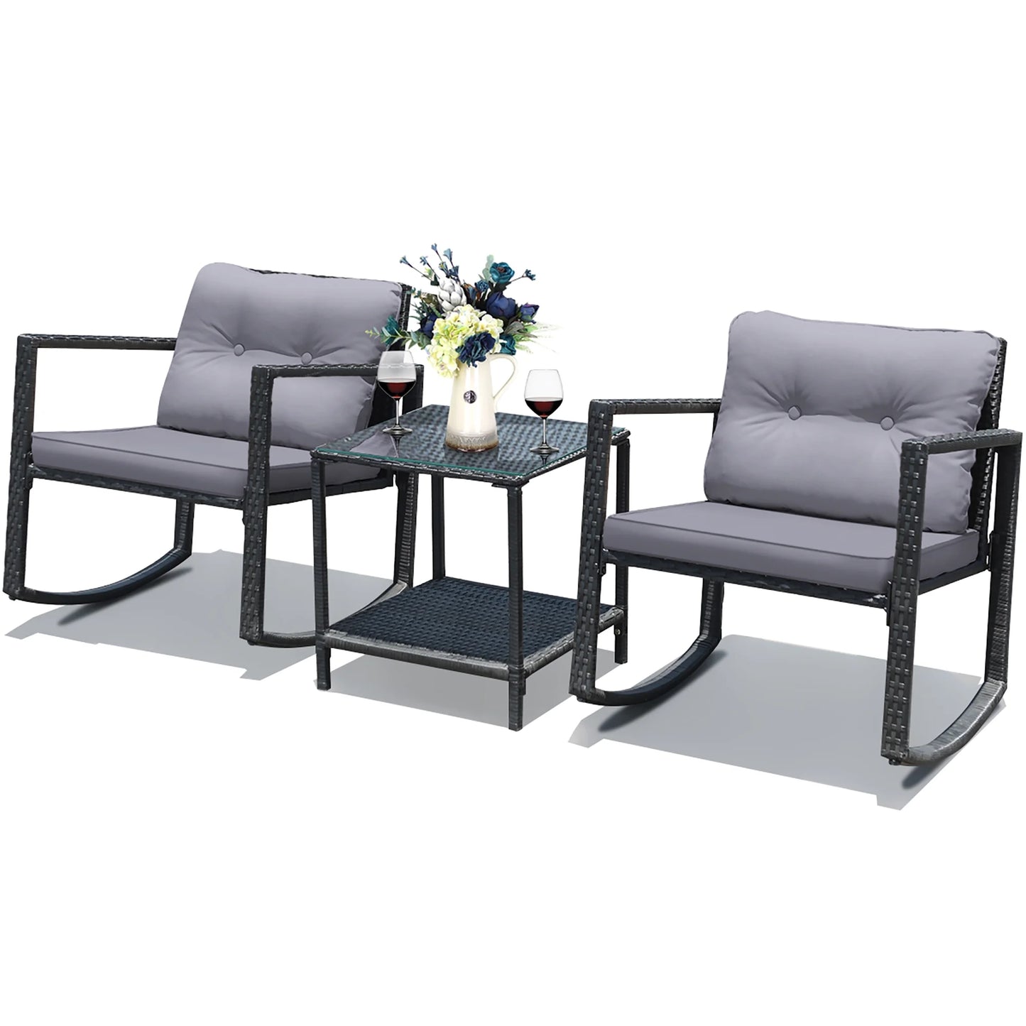 3PCS Patio Rattan Furniture Set Rocking Chairs Cushioned Sofa Gray