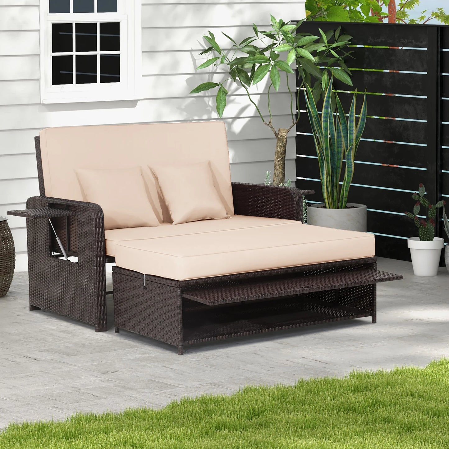 Patio Rattan Loveseat Set Daybed Lounge Storage Ottoman Side Tables Adjust Gray