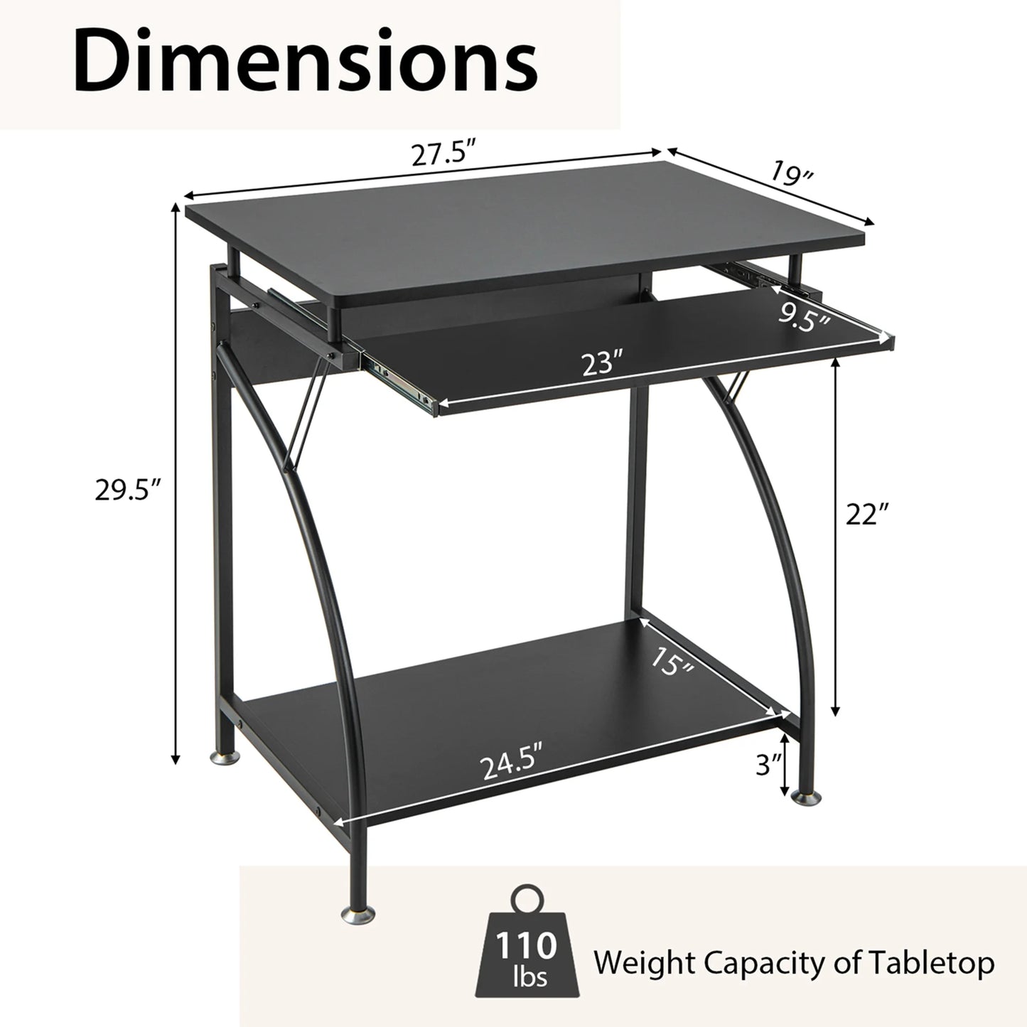 27.5" Laptop Table Computer Desk for Small Spaces with Pull-Out Keyboard Tray