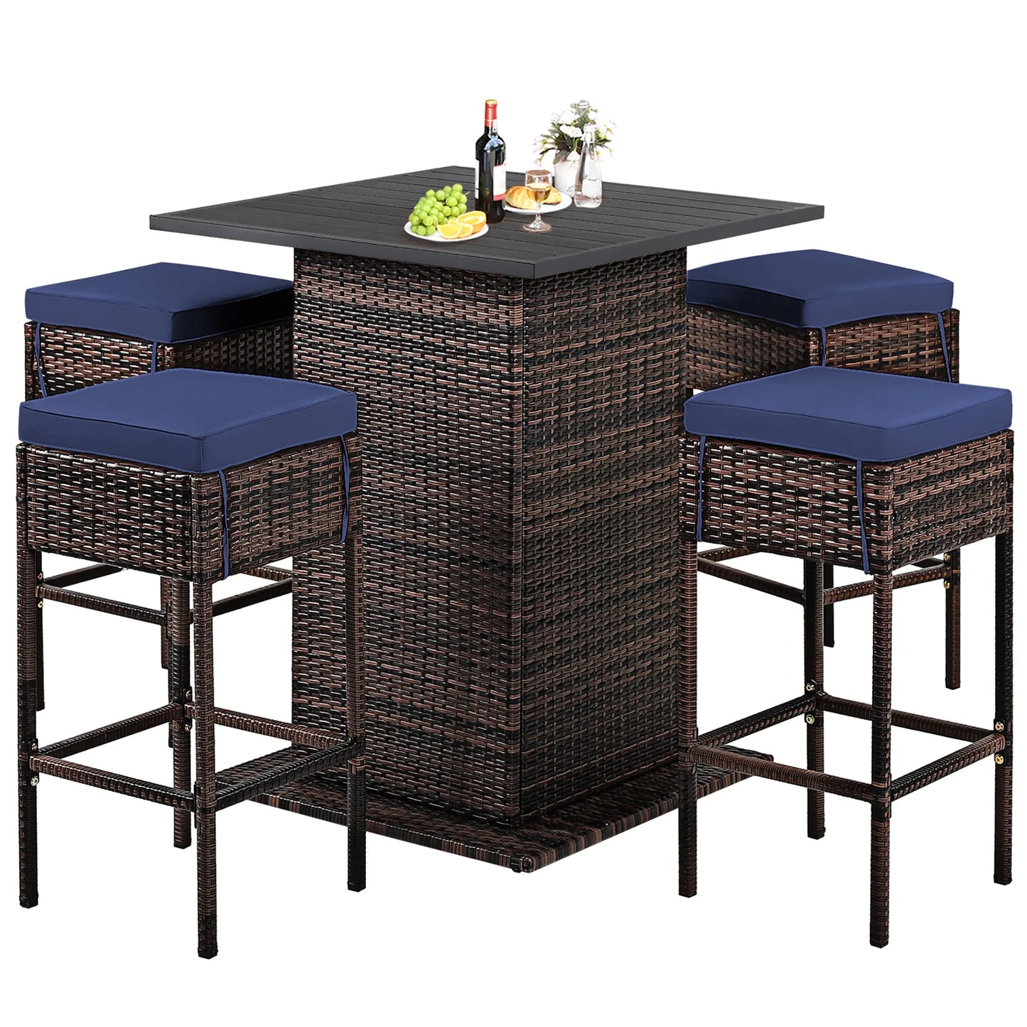 5PCS Patio Rattan Bar Table Stool Set Hidden Storage Shelf Cushioned Navy