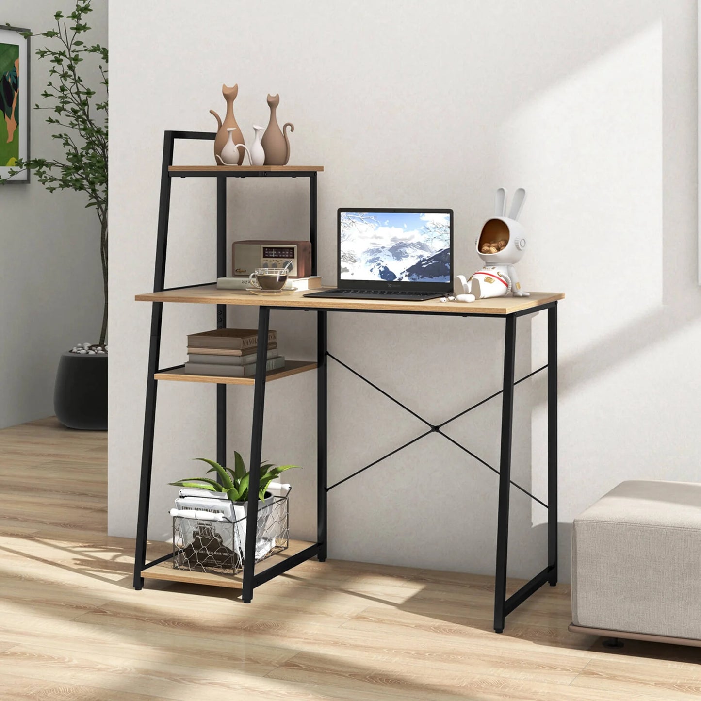 Home Office Desk with Bookshelf Host Stand Metal Frame Study Writing Desk