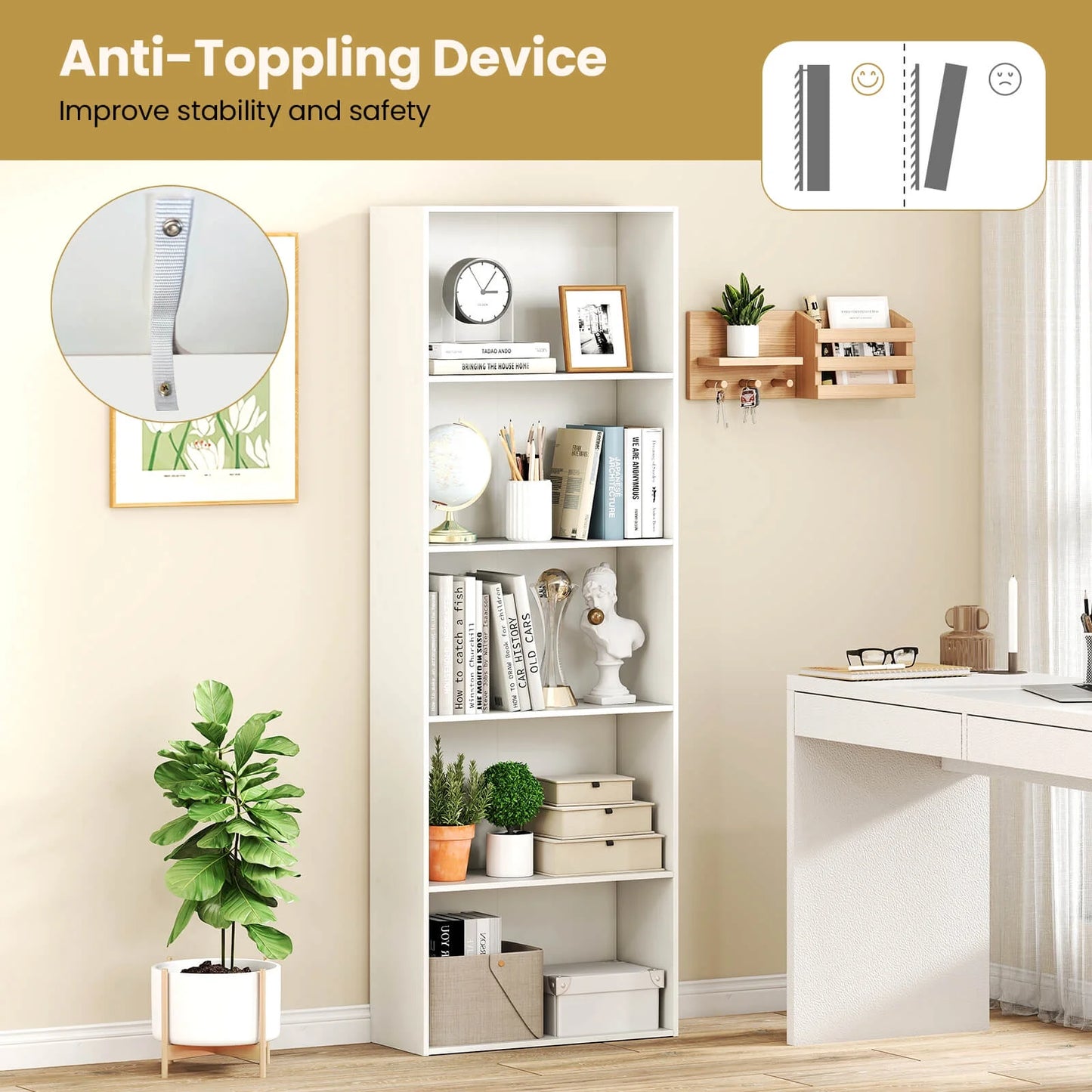 5-Shelf Storage Bookcase Modern Multi-Functional Display Cabinet Furniture White