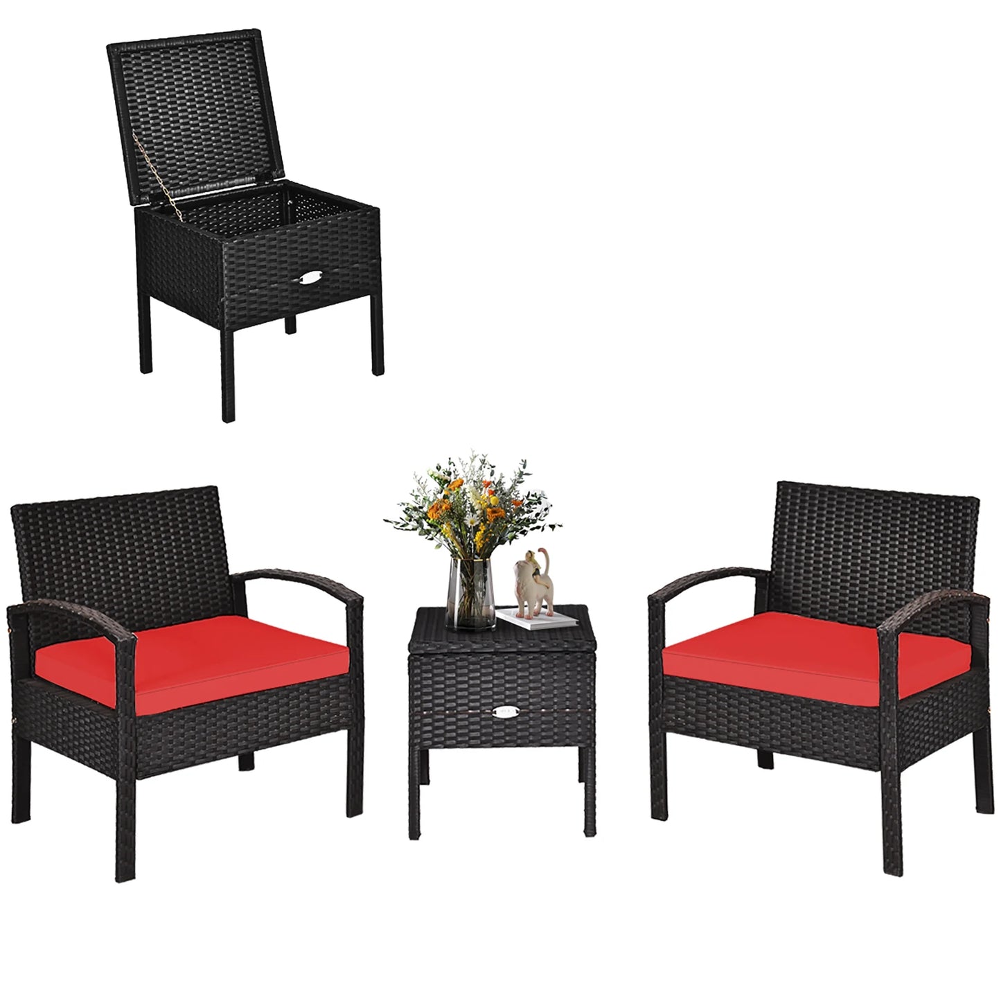 3PCS Patio Rattan Furniture Set Storage Table Cushioned Sofa Deck Red