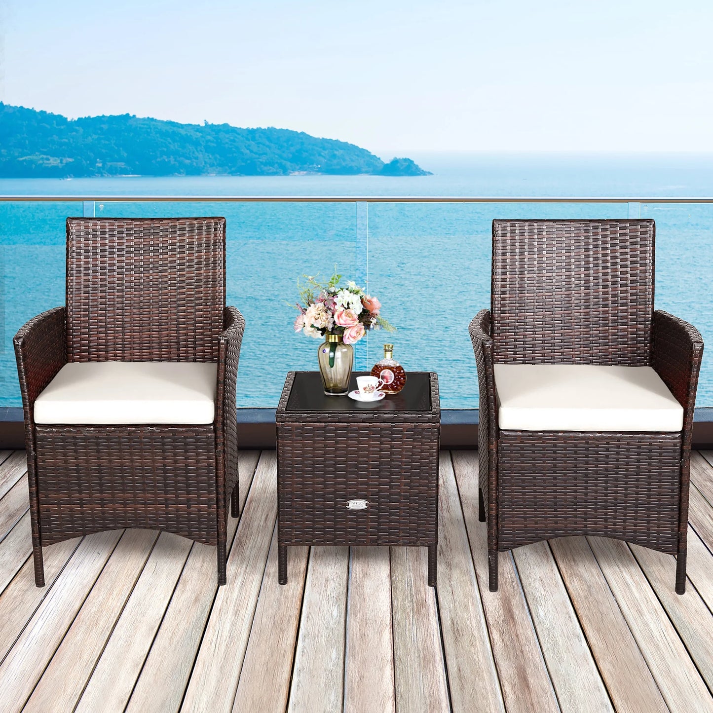 3PCS Patio Rattan Furniture Set Cushioned Sofa Glass Tabletop Deck Red